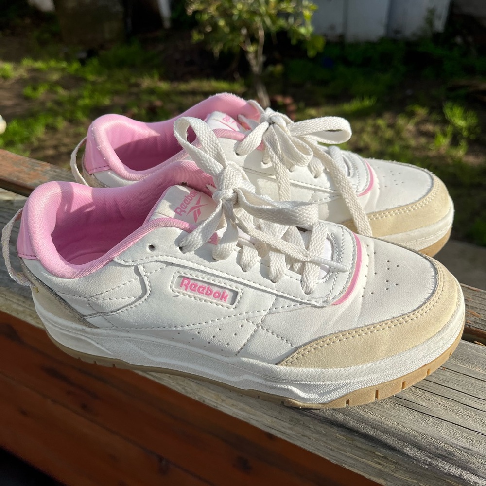 Reebok Kids Sneakers in White and Pink with Tan Accents